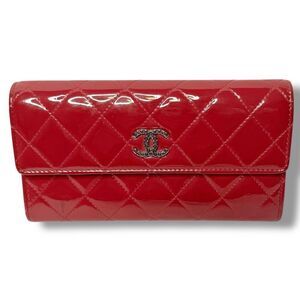 Chanel Matelasse Long Wallet in a Raspberry Red Bordeaux Patent Leather